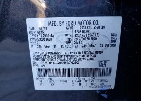 2013 Ford Edge Sel from USA, damaged, VIN 2FMDK4JC6DBB74392